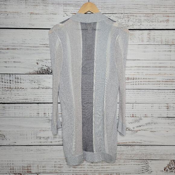 Chico's Cleo Vertical Stripe Open Front Cardigan Grey Silver Metallic Size 1 - Picture 2 of 5